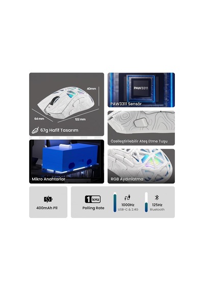 Sc620 Paw3311 Sensör 12000 Dpı 1000hz Kablolu Ve Kablosuz Gaming Oyuncu Mouse Desenli Beyaz