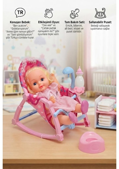 Sallanır Pusetli Altını Islatan Konuşan Kafası Ve Kolları Et 32 Cm Bebek Biberon Emzik Klozet Seti