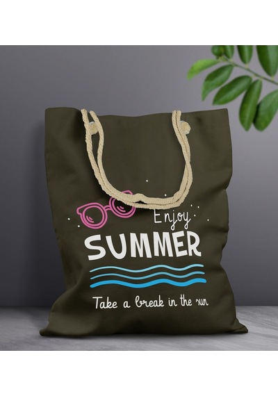 Bk Gift Yaz Temalı Haki Halat Saplı Kumaş Plaj Çantası -8, Baskılı Omuz Çantası, Alışveriş Çantası, Arkadaşa Hediye, Sevgiliye Hediye Gri