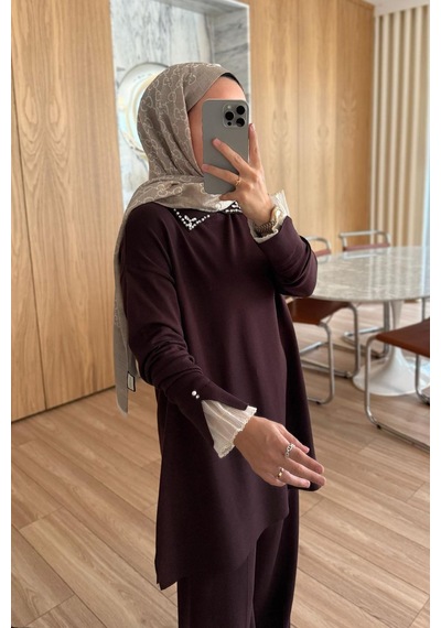 Ka Hijab Kolu Tüllü Merserize Takım - Kahverengi