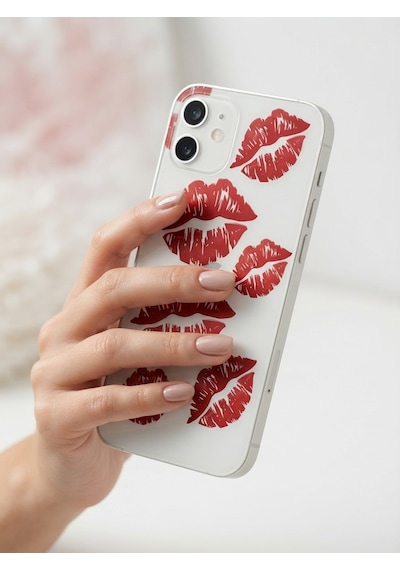 Apple iPhone  Uyumlu,  12 Kırmızı Dudak / Öpücük Desenli Şeffaf Telefon Kılıfı