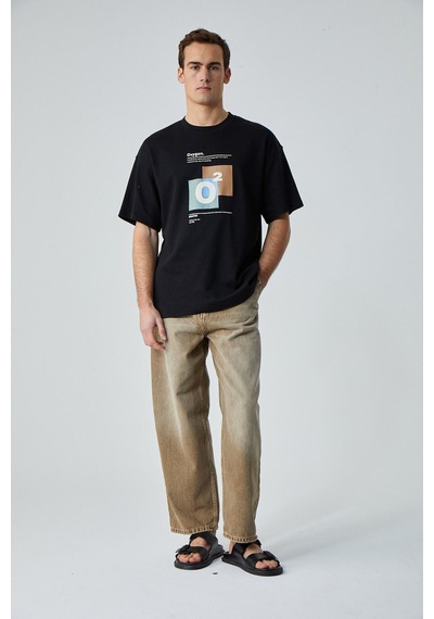 Grimelange Prısmatıc Erkek Siyah Oversize Bisiklet Yaka Baskılı T-shirt