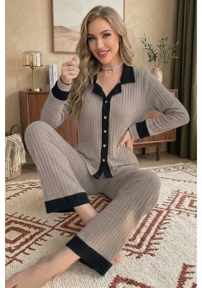 Bella Notte Zarif Düğmeli Siyah Detaylı Uzun Kollu Pijama Takımı Kahverengi