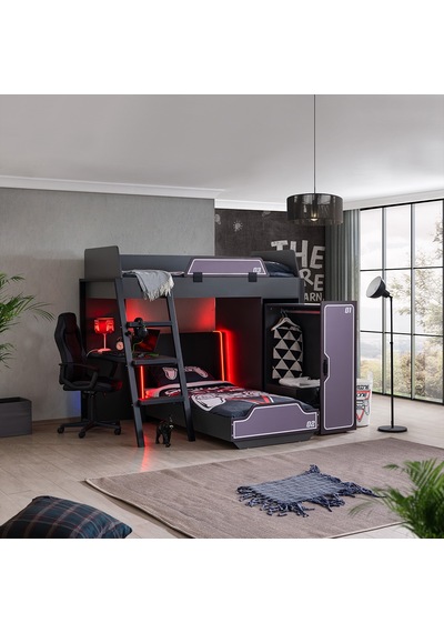 Ranzalı Oyuncu Odası, Gamer Ranza Ledli Karyola Masa Dolap 2 Adet Comfort Yatak 90 X 190 CM Ranzalı Oyuncu Odası, Gamer Ranza Ledli Karyola Masa Dolap 2 Adet Comfort Yatak 90 X 190 CM