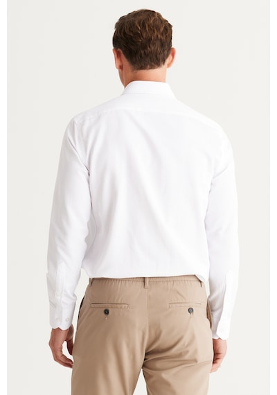 Erkek Beyaz Slim Fit Dar Kesim Oxford Düğmeli Yaka Armürlü Pamuklu Gömlek Beyaz