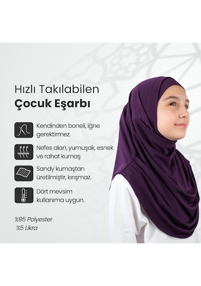 Pratik Hazır Geçmeli Boneli Çocuk Şal Mürdüm Mürdüm