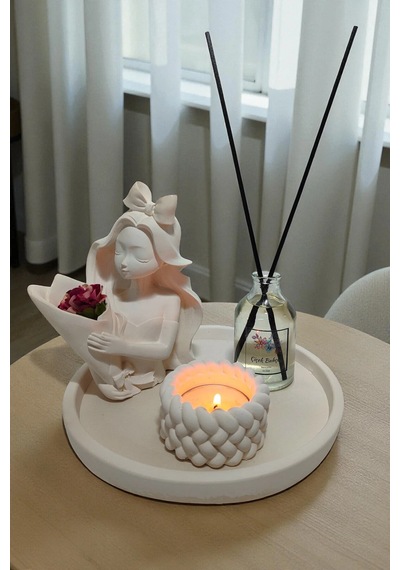 Dekoratif Vazo Seti - Buket Kız Vazo+çiçek Kokulu Oda Kokusu+tealight Mumluk Ve Mum+yuvarlak Tepsi Beyaz