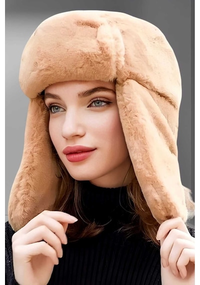 Uniquetrenders Kadın Peluş Kalpak Pilot Şapka Camel