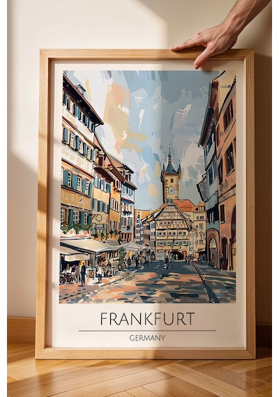 Almanya Frankfurt Temalı Çerçeveli Tablo Travel Serisi Modern İllüstrasyon Duvar Dekoru Kayın