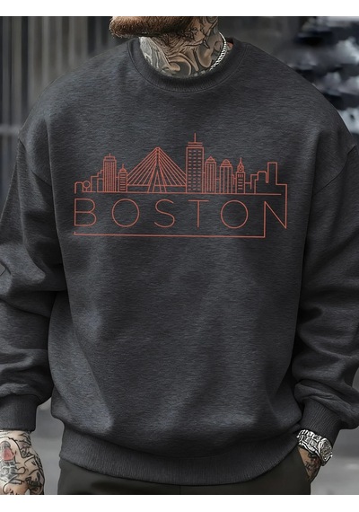 Startmore Tarzsokak Boston City Line Baskılar Erkekler Kazak Sonbahar Hip Hop Moda Kazaklar Rahat Tişörtü Rahat P Antrasit