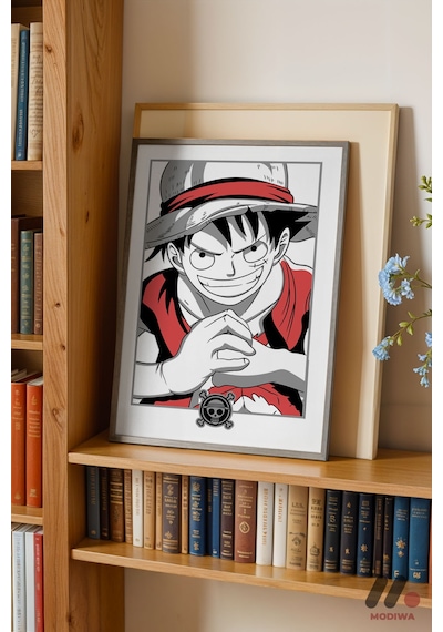One Piece Luffy Çizgi Poster, Siyah Çerçeveli Duvar Tablosu - Anime Severlere Özel Hediye