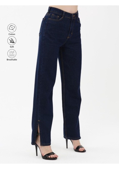 Kene Jeans Lacivert Paça Yan Yırtmaç Boyfriend Bol Paça Pantolon Lacivert