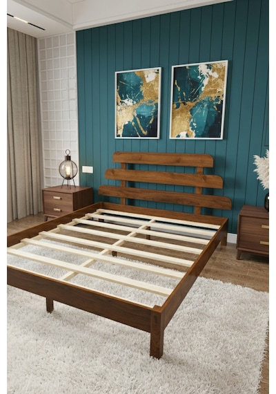 Renazzo Lotus X Masif Ahşap Karyola Ve 2 Adet Komodin Ceviz 120x200 Ceviz - 120 X 200
