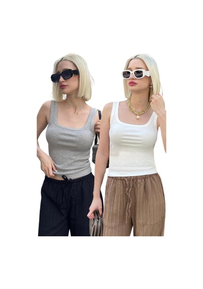 Madmext 2'li Paket Beyaz- Gri Fitilli Askılı Basic Atlet Mg2427 Gri/beyaz