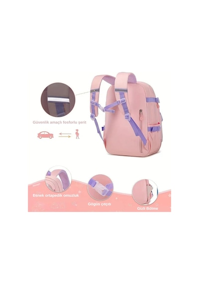 Kore Tarzı Aksesuarlı 3'lü Kız Çocuk İlkokul Ortaokul Çantası Sırt Çantası Termal Beslenme Kalemlik Pembe