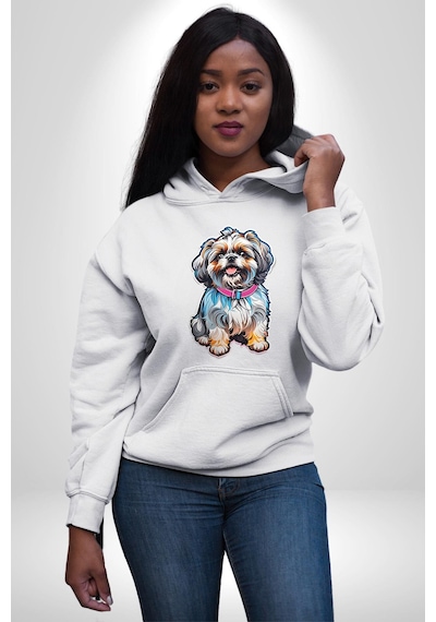 Shih Tzu Renkli Köpek Kadın Erkek Beyaz Kapüşonlu Sweatshirt Hoodie Beyaz