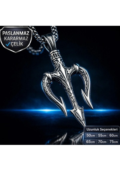 Paslanmaz Çelik Mitolojik Poseidon Trident Üçlü Mızrak Kolye