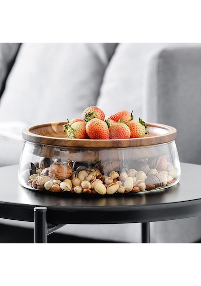 Morponi Borosilikat Camlüks Akasya Kapaklı Cam Kase - Sunumluk-salata Kasesi 22 Cm Şeffaf