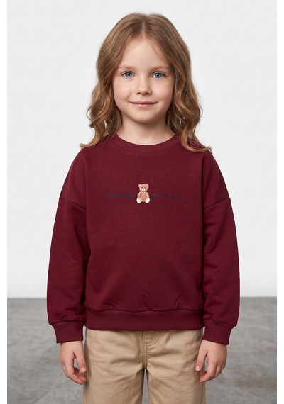 Fullamoda Ayıcık Baskılı Oversize Kız Çocuk Sweatshirt Bordo