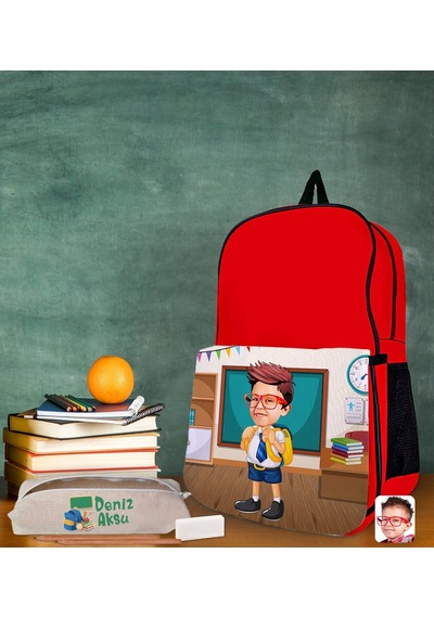 Bk Gift Kişiye Özel Erkek Öğrenci Karikatürlü Kırmızı Okul Çantası Ve Kalemlik Hediye Seti-4