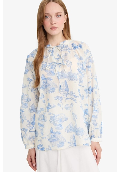 Defacto Relax Fit Çiçek Desenli Vual Uzun Kollu Gömlek Tunik F4558ax25hsbe751 Mavi