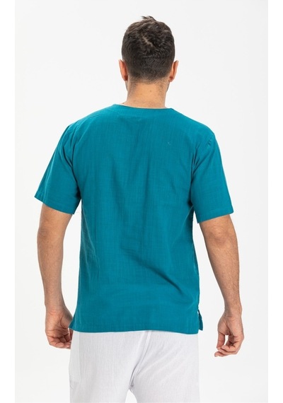 Kısa Kol Şile Bezi Zımbalı Erkek Tshirt Petrol 3053