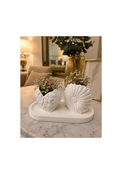 3lü Tabaklı Papatya Ve Kalp Çiçek Set Beyaz