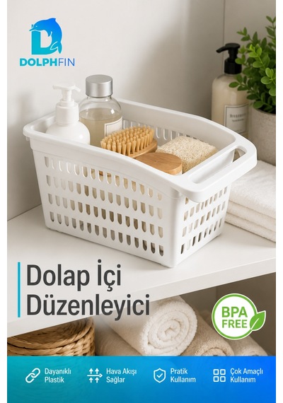 Dolap İçi Düzenleyici Sepet 33x17x15 Cm Saplı Çok Amaçlı Mutfak Banyo Organizeri Beyaz