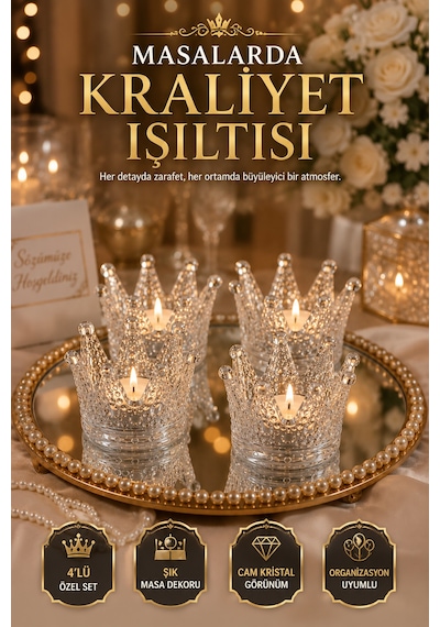4'lü Set Kristal Taç Mumluk Şeffaf Diğer