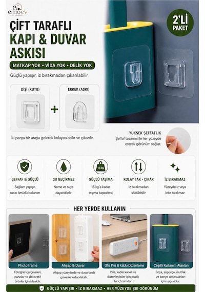 7 Çift Şeffaf Çift Taraflı Geçmeli Yapışkanlı Askı Priz Ve Tablo Sabitleyici Matkapsız Duvar Aparatı Şeffaf Şeffaf
