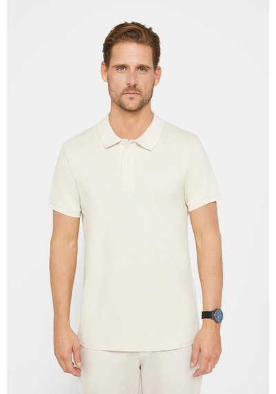 Tudors Erkek Slim Fit Dar Kesim Pamuklu Yumuşak Dokulu Serin Tutan Kumaş Düz Pike Polo Yaka Tişört-31685 Ekru