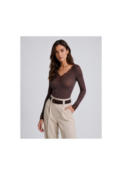 Unika Boutique Dantelli Kaşmir Uzun Kollu Bluz kahverengi