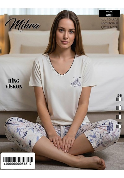 Mihra Kadın Viskon V Yaka Kısa Kol Kapri Likralı Pijama Takımı 40111e - 1 Adet Ekru
