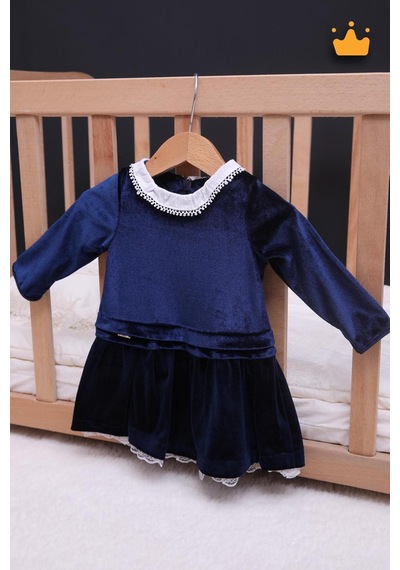 Babyhola Kız Bebek Çocuk Kadife Elbise Şık Bayramlık Nostaljik Retro Koleksiyon 13542 Lacivert