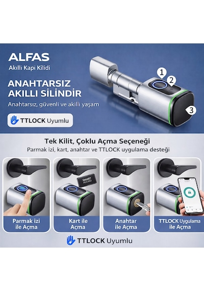 Parmak İzli Anahtarlı Kartlı Ve Uzaktan Kontrollü Pvc Ahşap Aliminyüm Uyumlu Akıllı Kapı Kilidi Gümüş