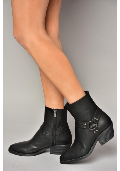 Fox Shoes T404400609 Siyah Kalın Topuklu Kadın Bot Siyah-Suni Deri Siyah