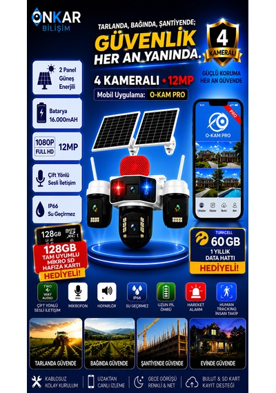 Okam Pro Premium 4g-336 4 Kameralı 7/24 Kayıt Sim Kartlı Güneş Enerjili Güvenlik Kamerası