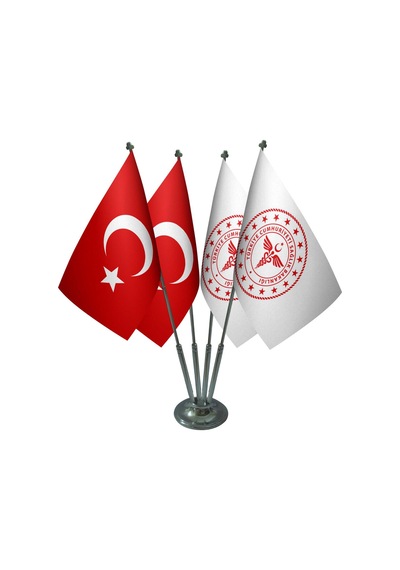 Masa Üstü Sağlık Bakanlığı Bayrağı Türk Bayrağı Dörtlü Krom Direk