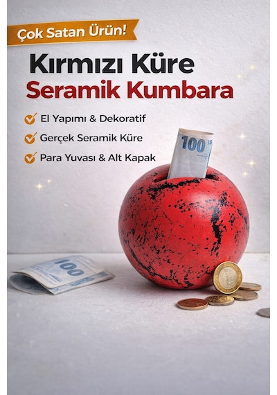 El Yapımı Seramik Küre Kırılabilir Ve Alt Kapaklı Tekrar Kullanılabilir Kumbara Kırmızı