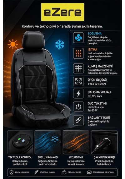 Ezere Coolseat 12v Araç Koltuk Soğutucu Ve Isıtıcı Fanlı Minder 3 Kademeli