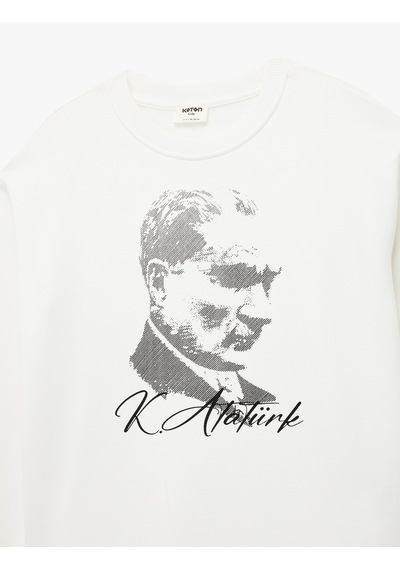 Koton Atatürk Baskılı Uzun Kollu Bisiklet Yaka Pamuklu Sweatshirt Ekru 6wkg10422ak Ekru
