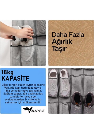 Valkyrie Kapı Arkası Ayakkabı Organizer 24 Gözlü Askılı Dolap İçi Düzenleyici 4 Kancalı Gri Gri