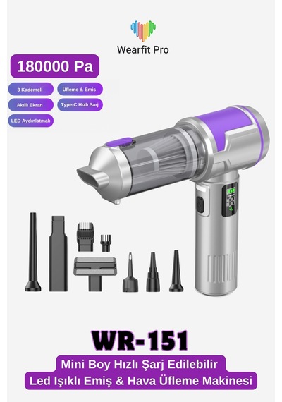 Wearfitpro Wr-151 18000pa Hava Ve Emiş Güçlü Mini Kablosuz Araç İçi Elektrikli Süpürge Hava Üfleme Makinesi