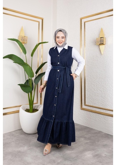 Harman Butik Kadın Düğmeli Kuşaklı Kot Jile Lacivert