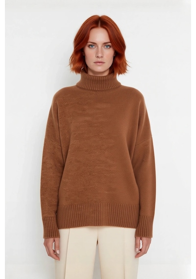 Ersefa Kadın Basic Oversize Dik Yaka Triko Kazak Düşük Kol Uzun Boy Kışl Açık Kahverengi
