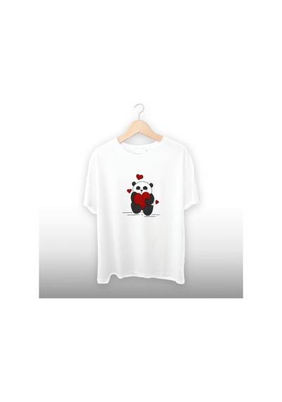 Kırmızı Kalbe Sarılmış Panda Detaylı Unisex Tişört Beyaz
