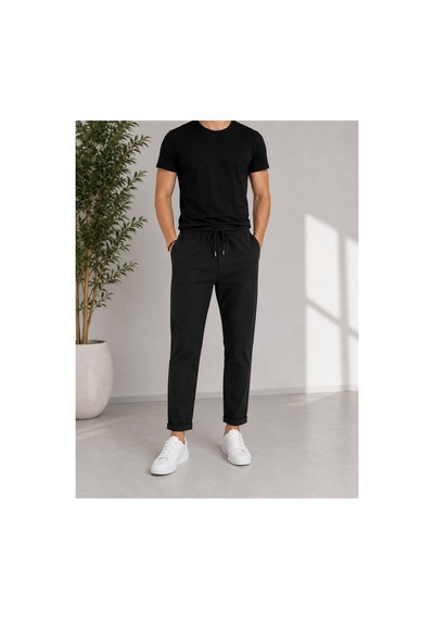 Neco Giyim Erkek Jogger Dar Kesim Beli Lastikli Bağcıklı Duble Paça Pantolon Siyah