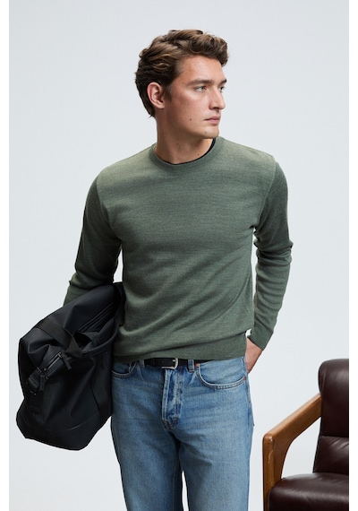 Grımelange VAREX Erkek Yuvarlak Yaka Basic Slim Fit Triko Haki Kazak