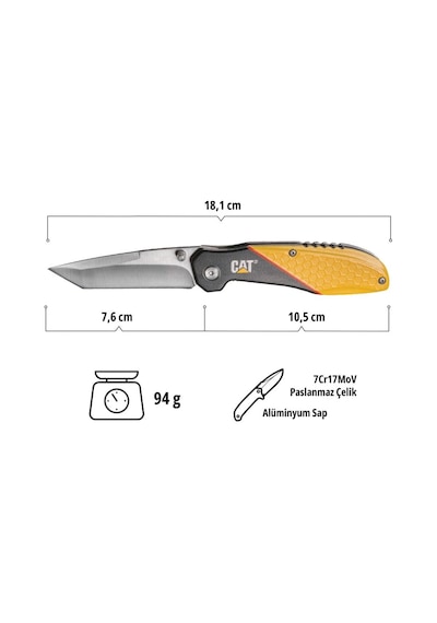 Cat Da980047 Kemer Askı Kancalı Katlanabilir 18cm Paslanmaz Çelik Kamp Çakısı Sarı - Siyah