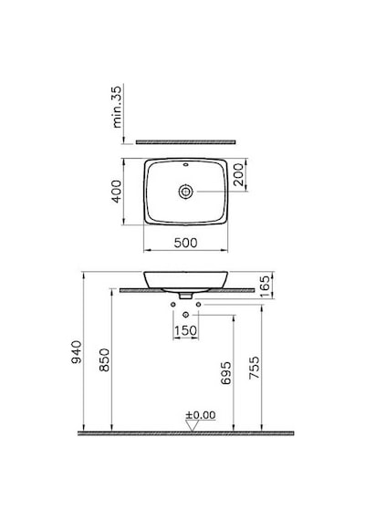 VitrA Metropole 5667B003-0012 Tezgah Üstü Lavabo Beyaz 50 CM